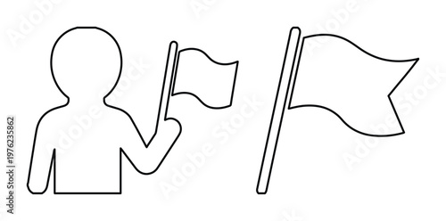 Minimalist person holding flag icon set, black outline human figure with waving banner, simple linear vector illustration for business goals