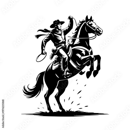 Retro styled illustration of a cowboy performing daring tricks atop a galloping horse dynamic scene