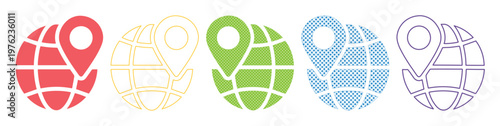 Minimalist globe location icons with map pin markers, colorful world earth symbols in flat vector style, set of 5 navigation and travel web elements
