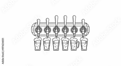 Line art of a beer tap system with frothy glasses