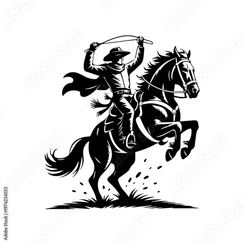 Retro styled illustration of a cowboy performing daring tricks atop a galloping horse dynamic scene