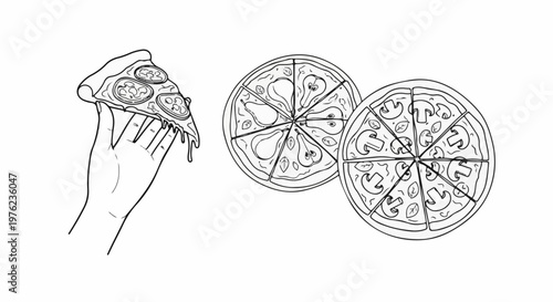Hand holding dripping slice of pizza, two whole pizzas with toppings