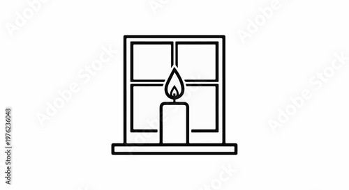 Line art of a candle burning in front of a window