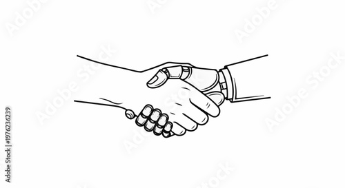Line art of a human hand shaking a robot hand, symbolizing collaboration