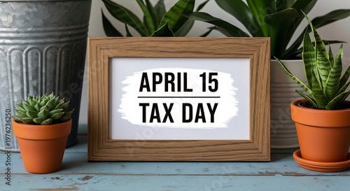 April 15 tax day reminder sign in a rustic wooden frame