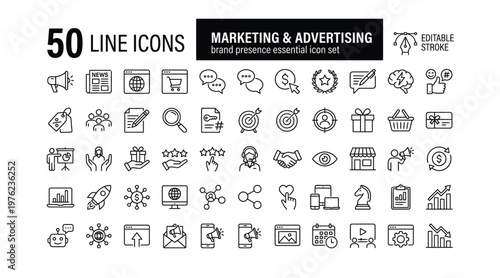 50 editable stroke vector graphic elements, Essential brand presence toolkit Marketing and advertising line icon set. 