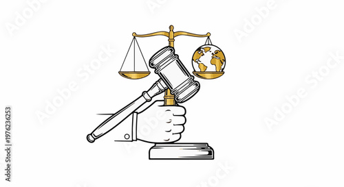 Hand holding gavel and balancing scales with globe on white background