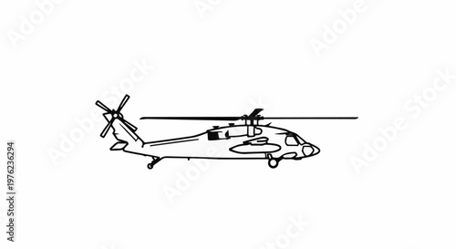 Line art of a military helicopter in flight, viewed from the side