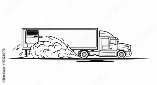 Line art of a semi-truck kicking up a large cloud of dust or smoke