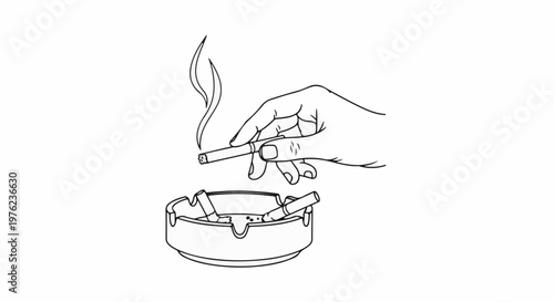 Hand holding lit cigarette with smoke rising, above an ashtray with two more