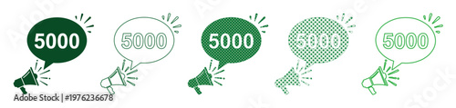 Social media milestone 5000 followers celebration set, green megaphone with 5k speech bubble icons, five vector elements for marketing