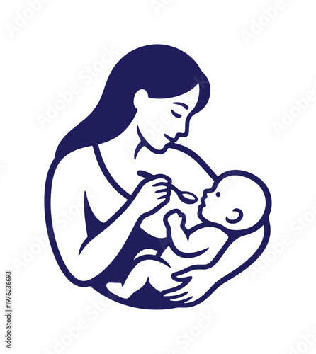 Minimalist mother feeding baby vector icon, navy blue line art of woman with spoon and infant, maternal care and nutrition symbol for parenting blogs