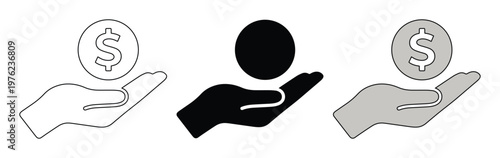 Minimalist hand holding dollar coin icons, financial investment and donation vector set, black and white money saving symbols for business web design