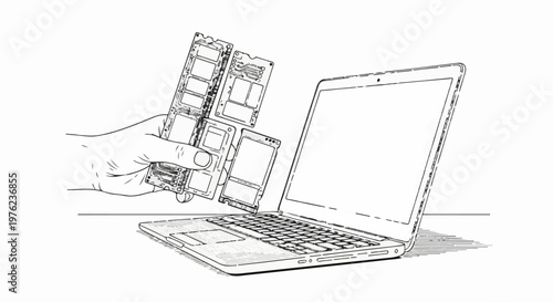 Hand inserting computer components into a laptop for upgrade