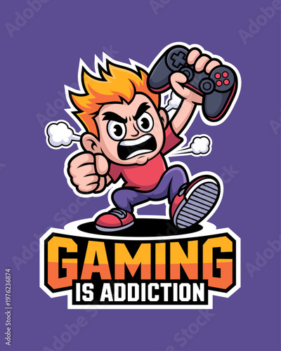 An angry, orange-haired gamer boy vector with the phrase "Gaming is addiction."