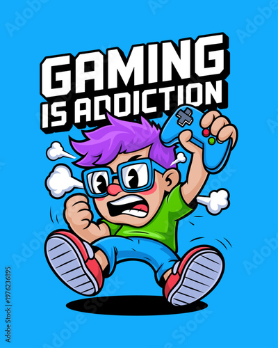 Cartoon illustration of an angry purple-haired gamer boy with the phrase "Gaming is addiction."