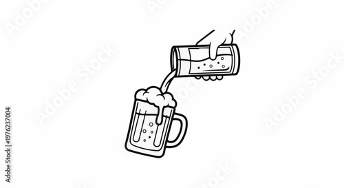 Hand pours frothy beverage from container into glass mug