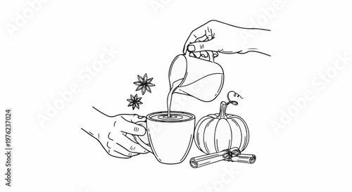 Hand pours liquid into mug next to pumpkin, cinnamon sticks, and star anise