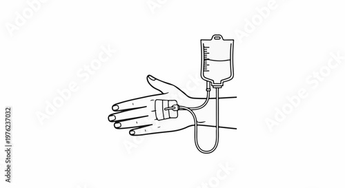 Hand receiving an intravenous drip, medical infusion bag, and tubing