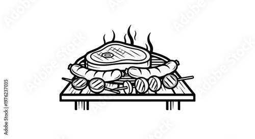 Line art of barbecue grill with steak and sausages cooking over flames