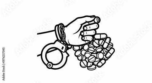 Hand shackled, holding a pile of pills