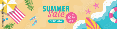 Summer Sale banner with beach elements, nautical themes, and bright seasonal accessories. Illustration for promotions, social media, landing pages, and promo materials with discounts up to 50 percent.