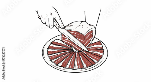 Hand slicing cured meat onto a plate with thinly sliced pieces