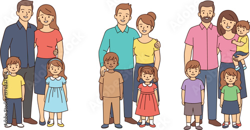 Happy family portraits flat vector illustration set with parents and children standing together smiling isolated on light background
