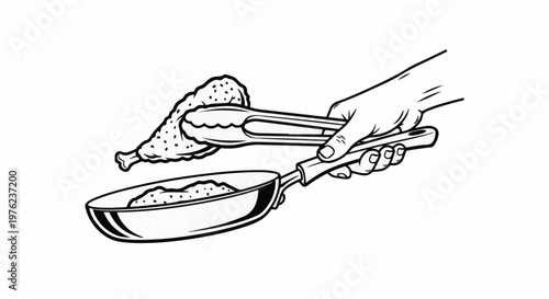 Hand with tongs placing fried chicken leg into a hot pan