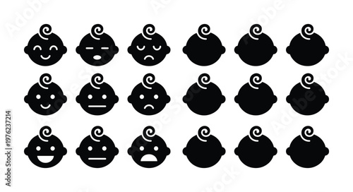 Minimalist baby face icons set, 18 black silhouette infant emoji vector elements, newborn facial expressions and emotions for parenting apps