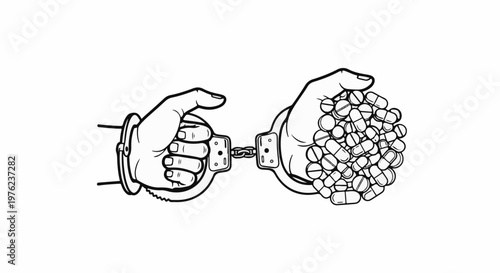 Handcuffs bind a hand holding pills, symbolizing addiction and control