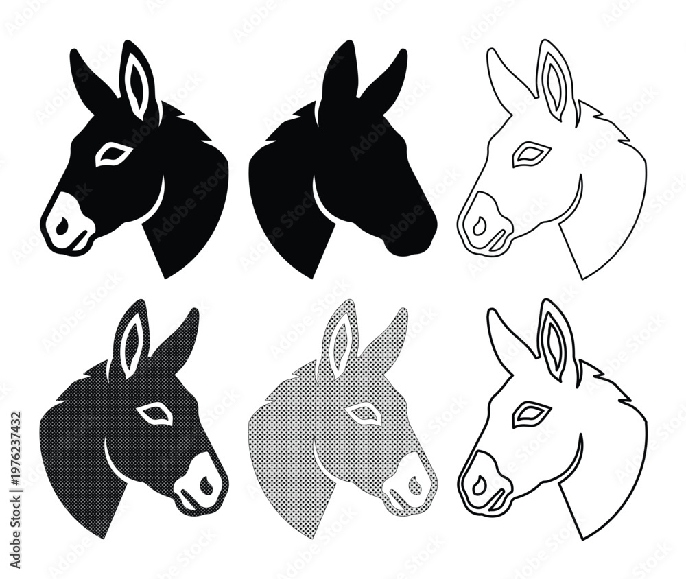 Fototapeta premium Donkey head vector icons set, minimalist mule profile silhouettes and line art, 6 farm animal head elements for logo design and branding