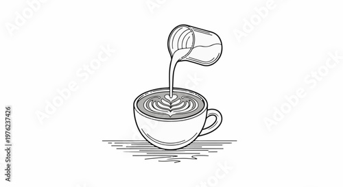 Line art of latte art being poured into a cup