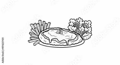 Hand-drawn illustration of a hearty meal with fries and salad