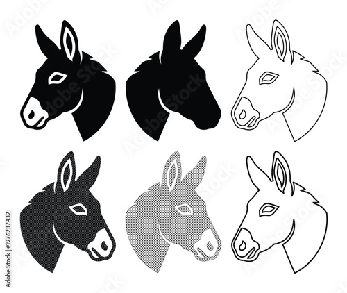 Donkey head vector icons set, minimalist mule profile silhouettes and line art, 6 farm animal head elements for logo design and branding