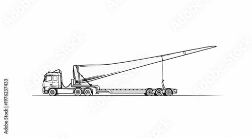 Hand-drawn illustration of a heavy-duty truck transporting a long, tapered component