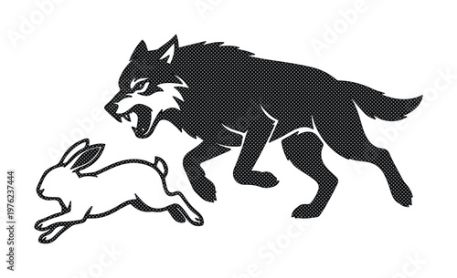 Aggressive wolf chasing rabbit vector illustration, black and white predator and prey mascot, wild animal hunting scene for sports logo