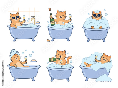 Funny cat relaxing in bathtub illustration set, playful kitten with champagne, flat vector design