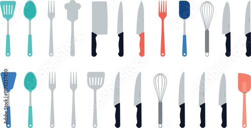 Cartoon Cooking Tools Set with Knives, Forks, Spatulas, Whisk, and Spoons for Culinary Illustration Design