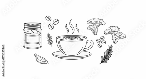 Hand-drawn illustration of a steaming coffee cup, mushrooms, coffee beans, and herbs