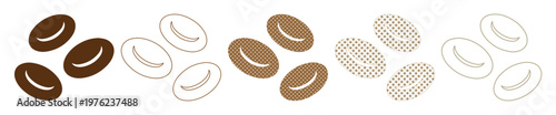 Roasted coffee beans vector set, brown coffee bean icons in various styles, flat and line art coffee seed illustrations for cafe branding