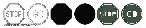 Minimalist stop and go traffic sign icons, set of 6 vector road safety symbols, octagonal and circular warning signs in black and grey