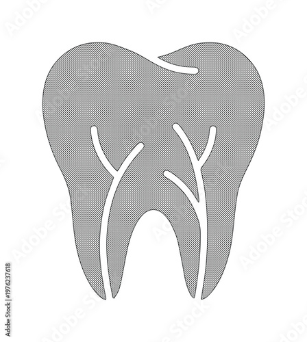 Minimalist tooth icon with nerve root detail, gray dental silhouette vector, professional stomatology symbol for clinic branding and oral health care