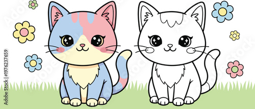 Kawaii kitten coloring page and colorful character set with cute cats sitting on grass with flowers for children educational activity book vector illustration