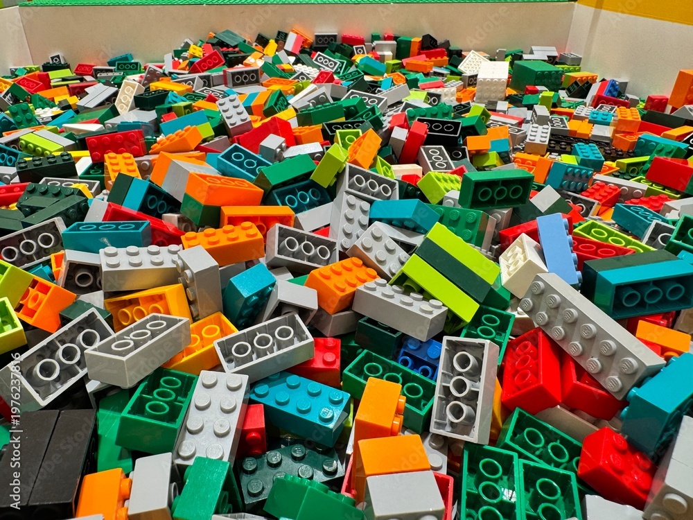 Fototapeta premium Bangkok Thailand, April 13, 2026: Colorful Lego bricks are piled together in a toy storage box.
