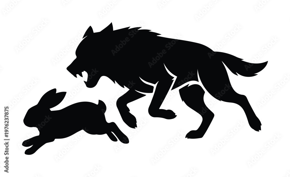 Naklejka premium Aggressive wolf chasing rabbit silhouette, black predator and prey wildlife vector, hunting scene with growling wolf and running hare