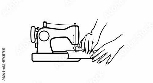 Hands guiding fabric through a sewing machine for stitching