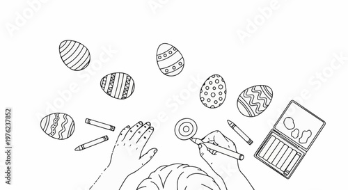 Hands decorating patterned eggs with crayons and a palette