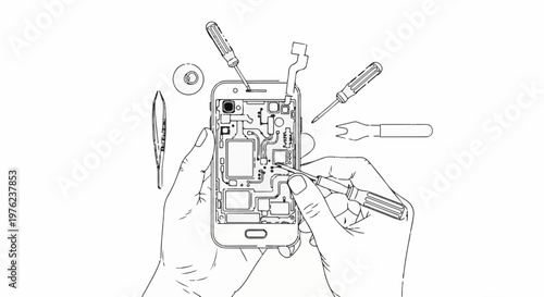 Hands disassembling a smartphone with tools on a white background