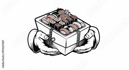 Hands holding a bento box filled with a variety of sushi